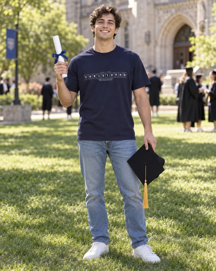 Graduate holding a diploma in a navy tee with the formula of Christopher