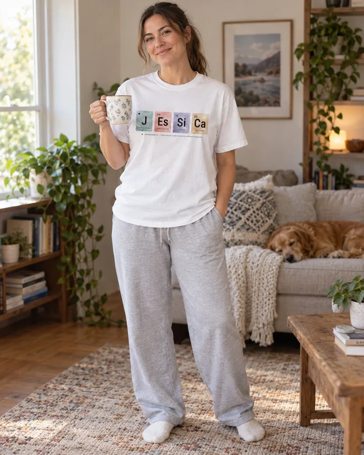 Woman at home with a mug, white tee with the formula of Jessica