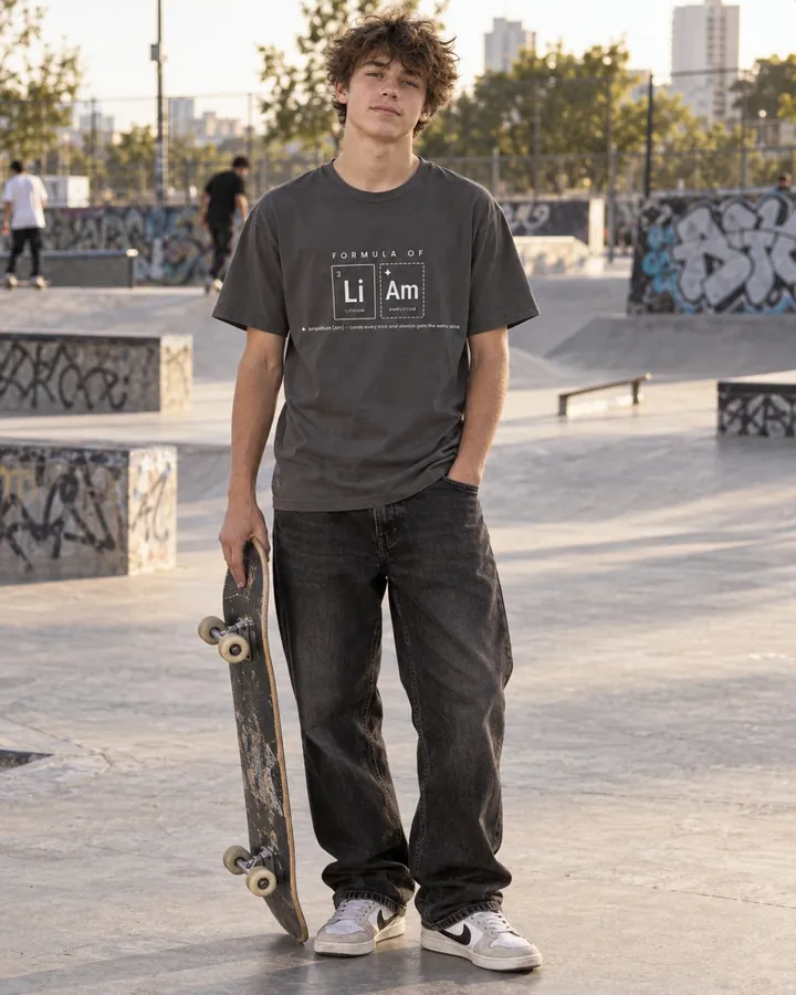Teen with a skateboard in a dark tee with the formula of Liam