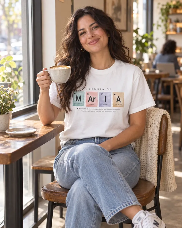 Woman with a coffee in a white tee printed with the formula of Maria