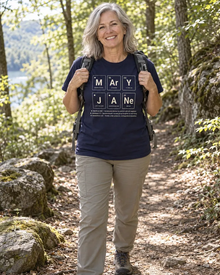 Hiker on a forest trail in a navy tee with the formula of Mary Jane