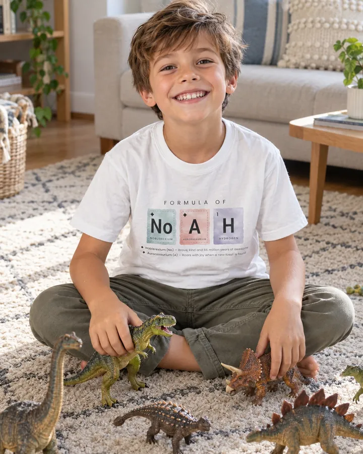 Boy playing with toy dinosaurs, his tee spells Noah in elements