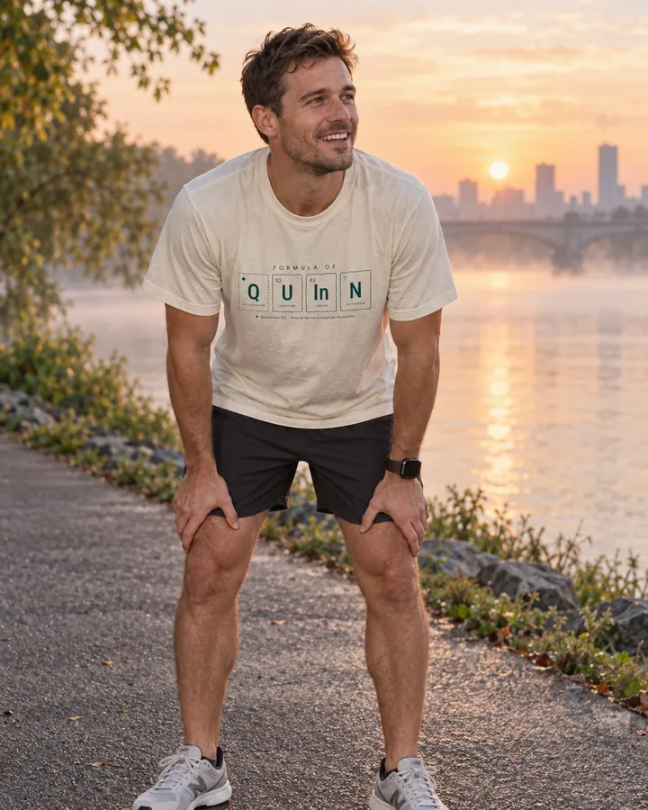 Runner at sunrise in a sand tee with the formula of Quinn