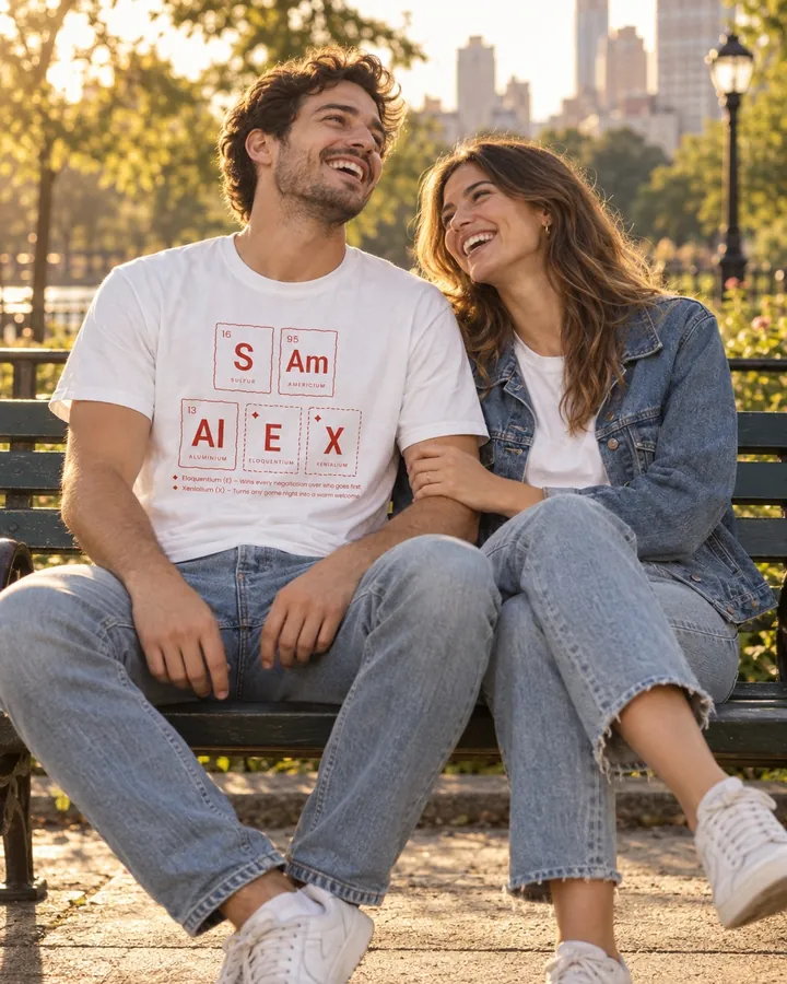 Laughing couple on a bench, his tee spells Sam and Alex in elements